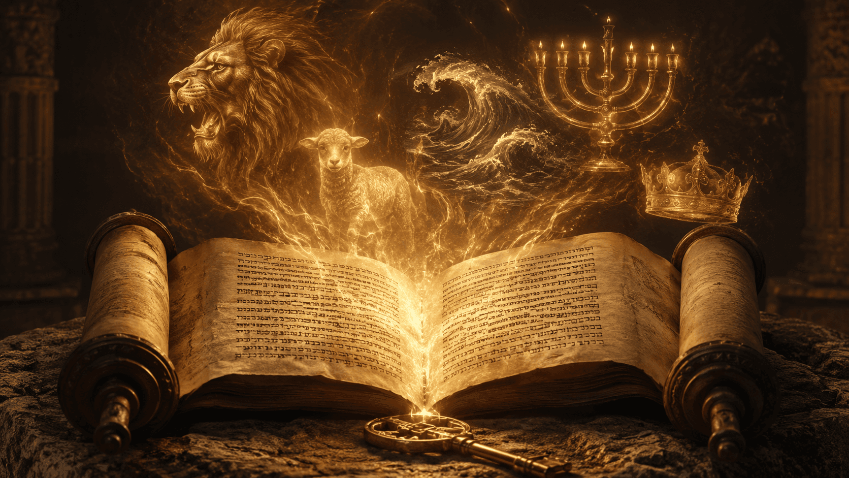 An open scroll of Scripture radiating the great symbols of prophecy — a lion, a lamb, the waters, the lampstand, a crown, and a key