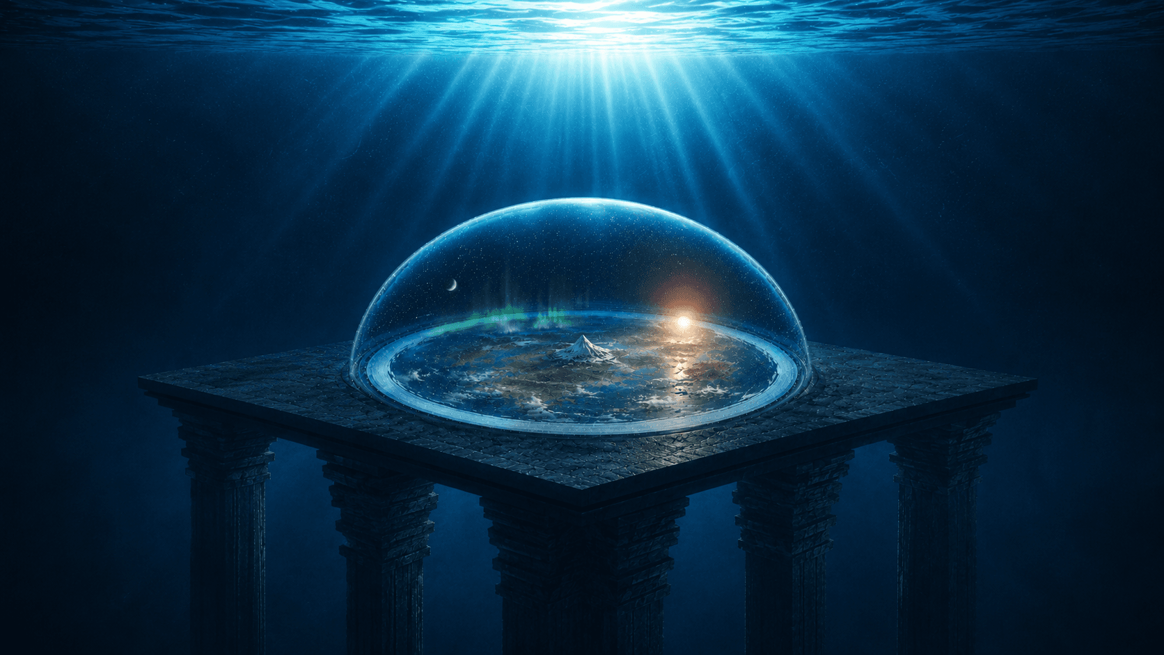 The enclosed creation of the Bible — the flat earth set on pillars over the deep, beneath the firmament dome and the waters above.