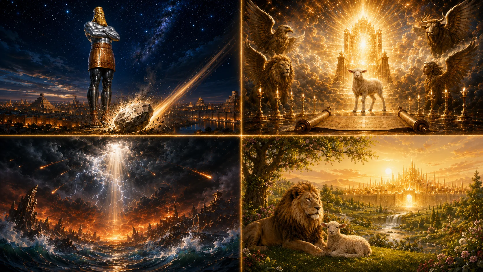 Cuatro escenas de la profecía bíblica — la imagen de Daniel herida por la piedra, el trono del Apocalipsis, la crisis final, y el reino restaurado