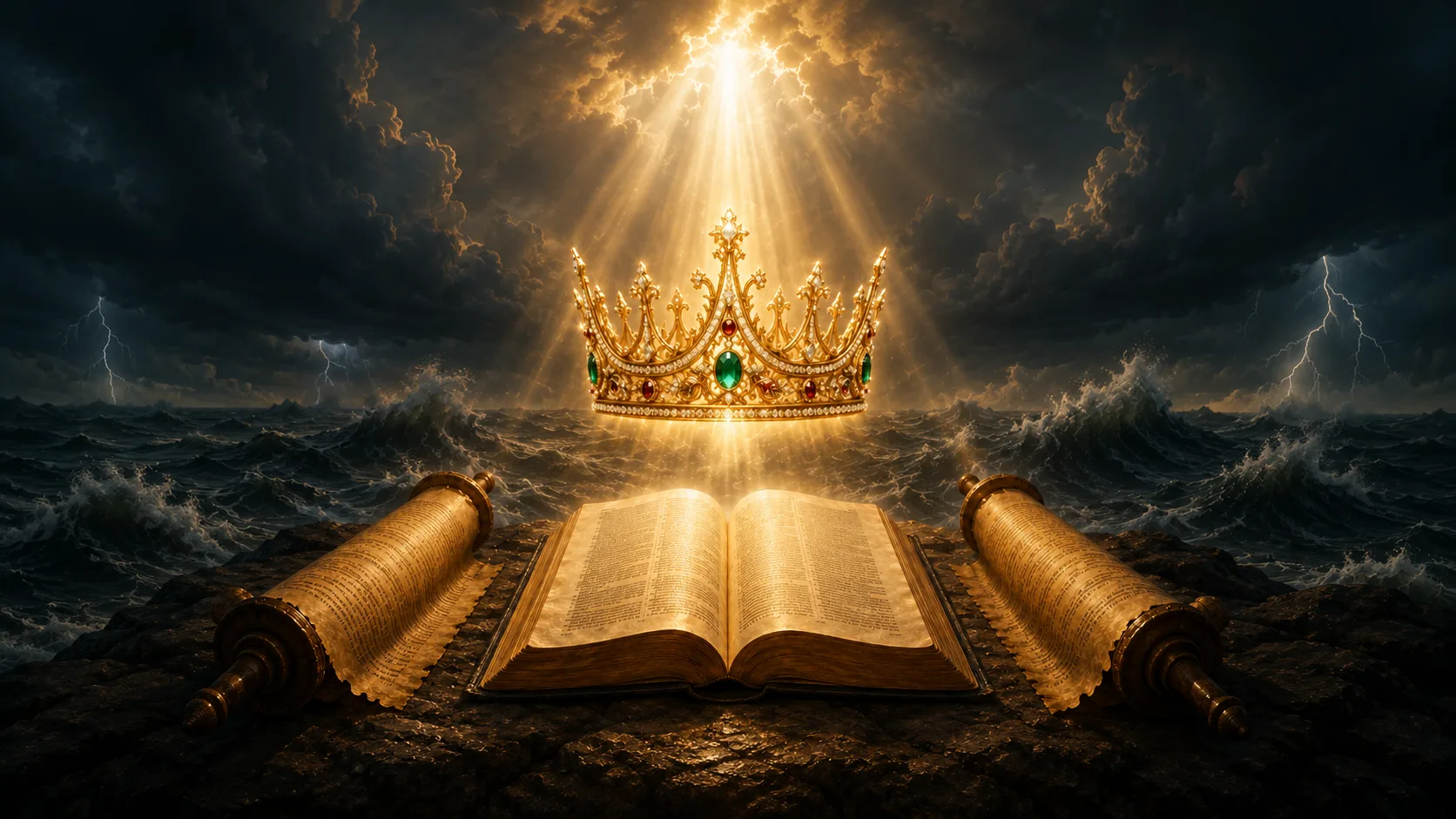 Una Biblia abierta y dos rollos bajo una corona radiante — la Palabra, los profetas y el Rey