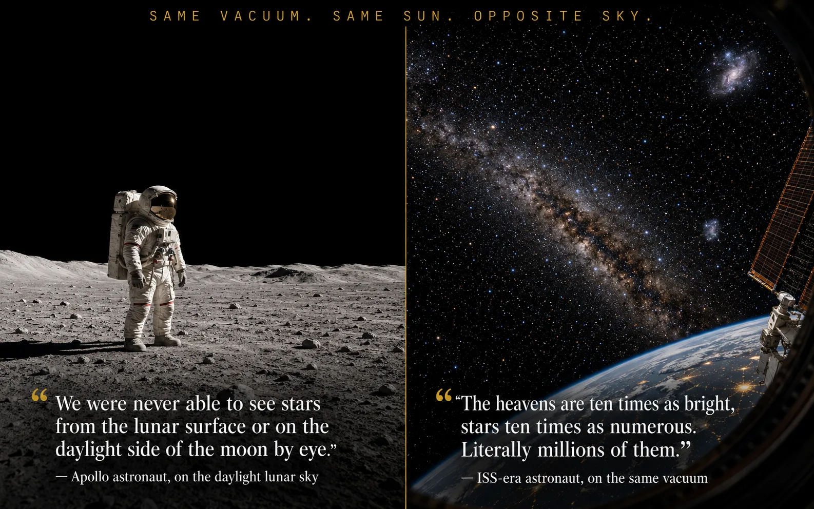 Los astronautas del Apolo reportaron no ver estrellas; el metraje de la EEI muestra millones. El mismo vacío, el mismo sol, testimonio contradictorio.