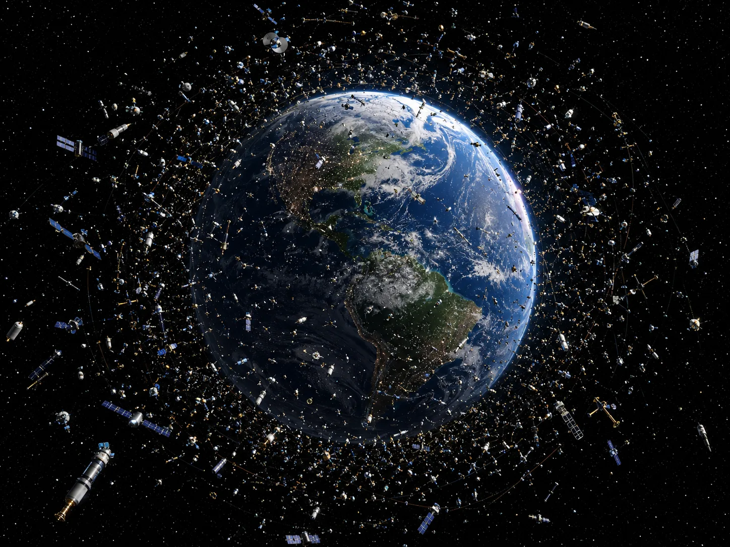 La tierra representada rodeada de miles de satélites y desechos en órbita — ninguno de los cuales aparece en las transmisiones «en vivo» de larga duración.