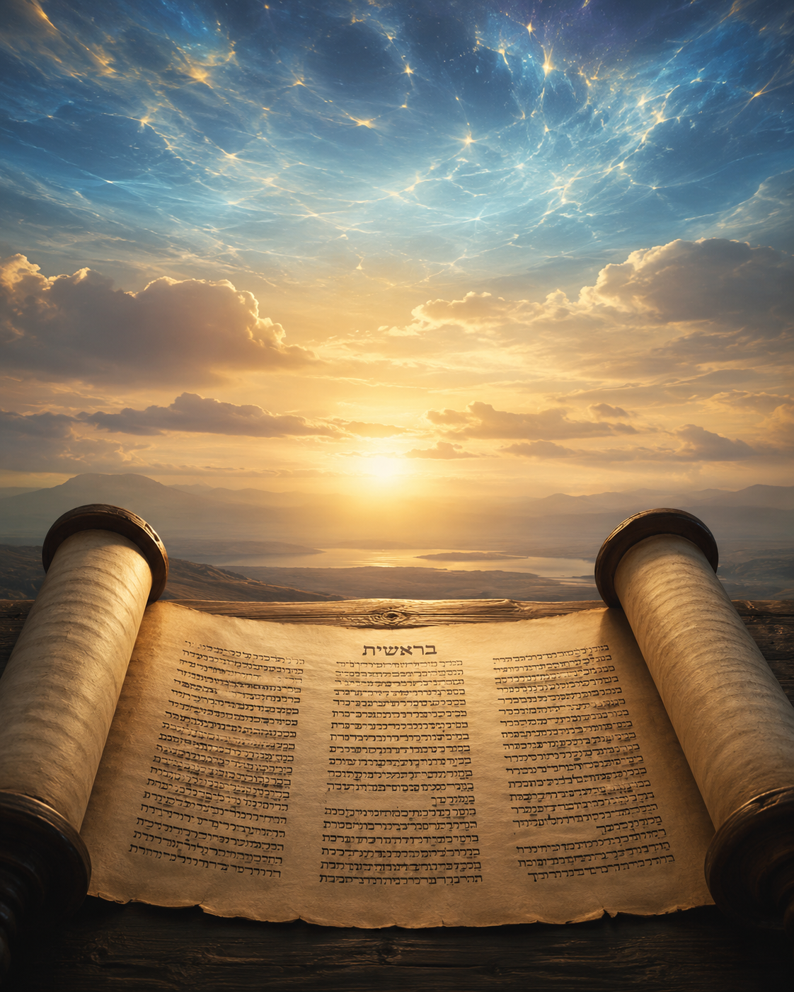 An open Hebrew scroll of Genesis — “In the beginning” — beneath the stretched-out expanse of the heavens