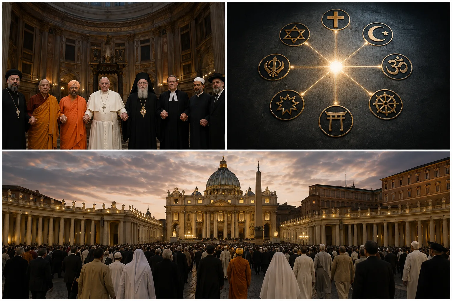 El proyecto religioso de un solo mundo: líderes interreligiosos con las manos unidas, la rueda de las religiones del mundo convergiendo en una sola luz, y una vasta concentración ecuménica ante el Vaticano.
